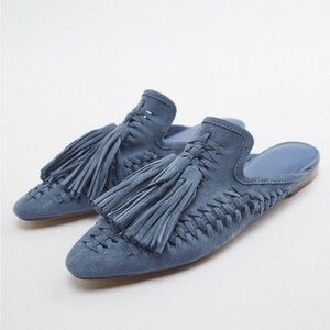 Zara | blue suede woven tassel mule